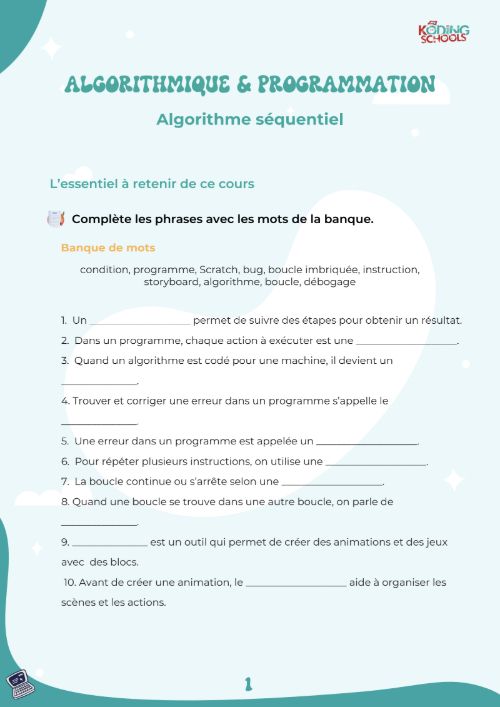 Première page du cahier imprimable : l’essentiel à retenir du cours Algorithme séquentiel